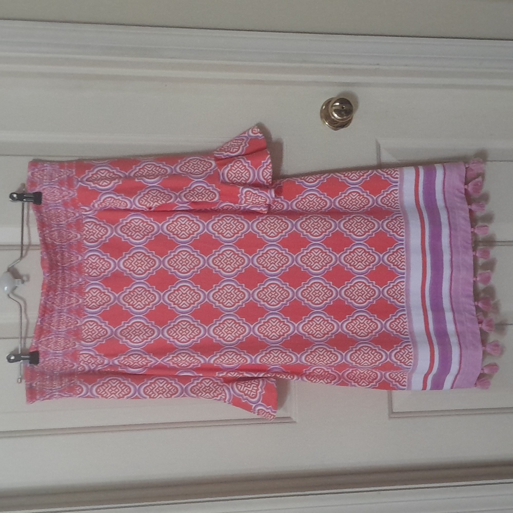 Cabana Life smocked off the shoulder dress of UPF 50+ fabric.